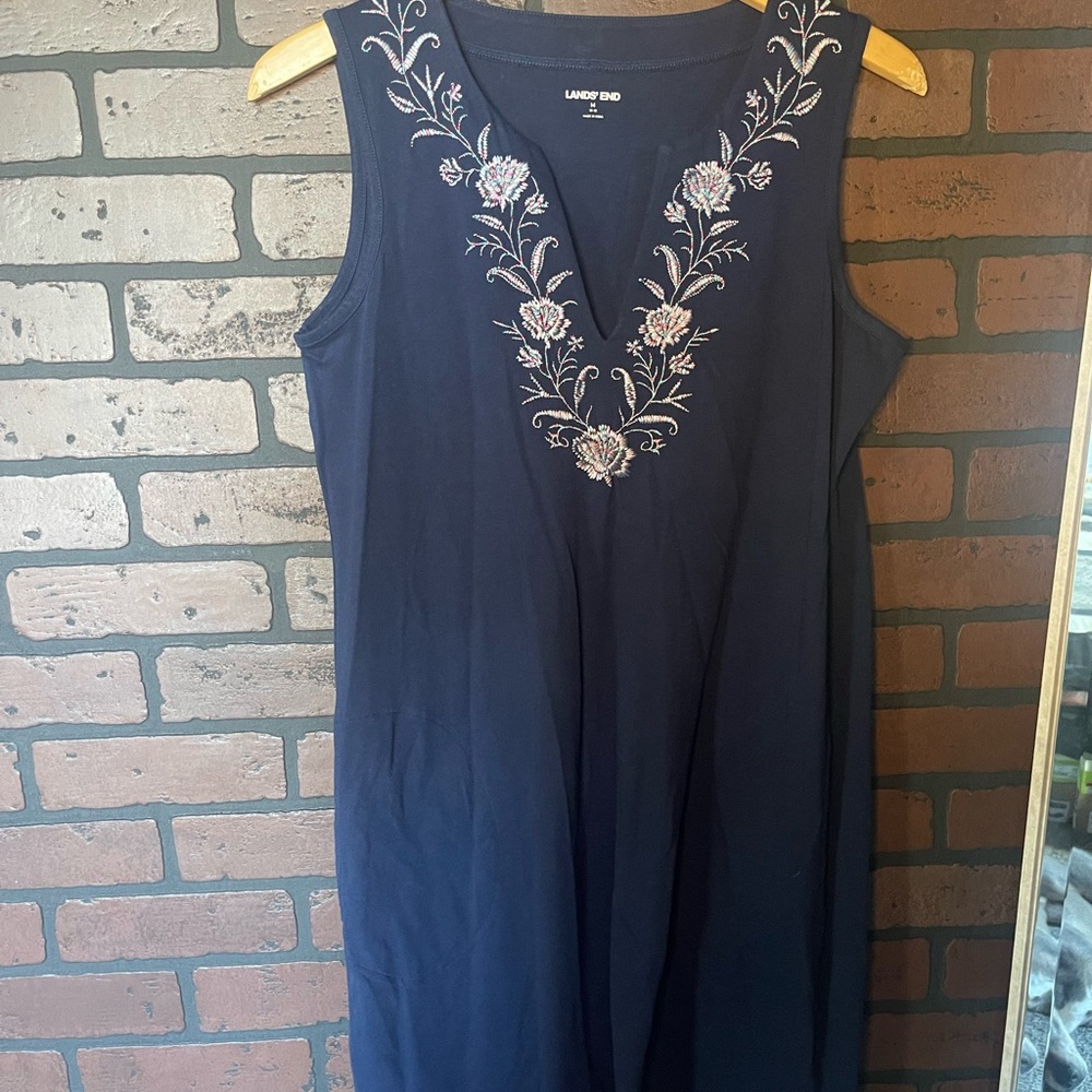 Lands' End Navy Floral Embroidered Dress